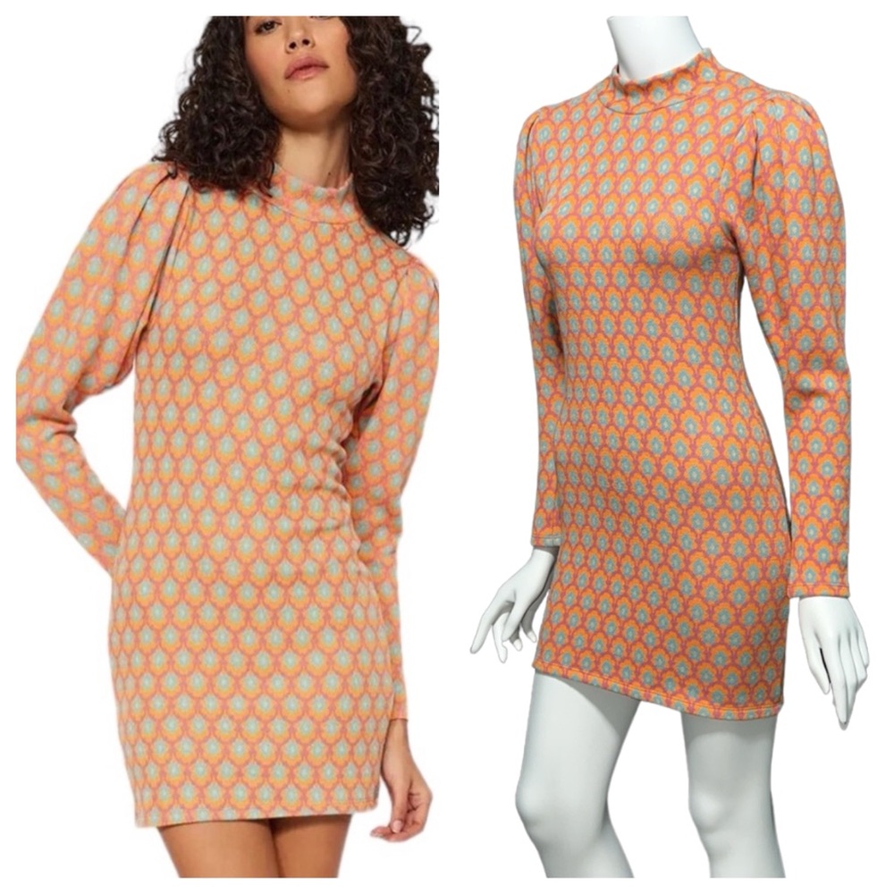 Zara Jacquard Knit Mock Neck Long Sleeve Mini Dress Orange Blue S